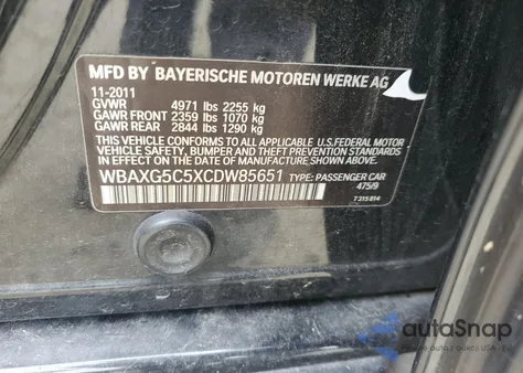 2012 BMW 528 I из США, поврежденный, VIN WBAXG5C5XCDW85651